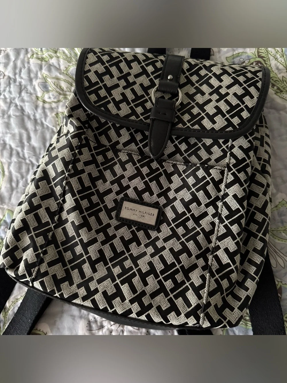 Tommy Hilfiger Monogram Logo Mini Backpack with Cotton Straps and Silver Tone Ha